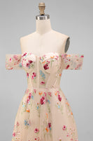 Load image into Gallery viewer, Black Floral A Line Off the Shoulder Maxi Formal Dress