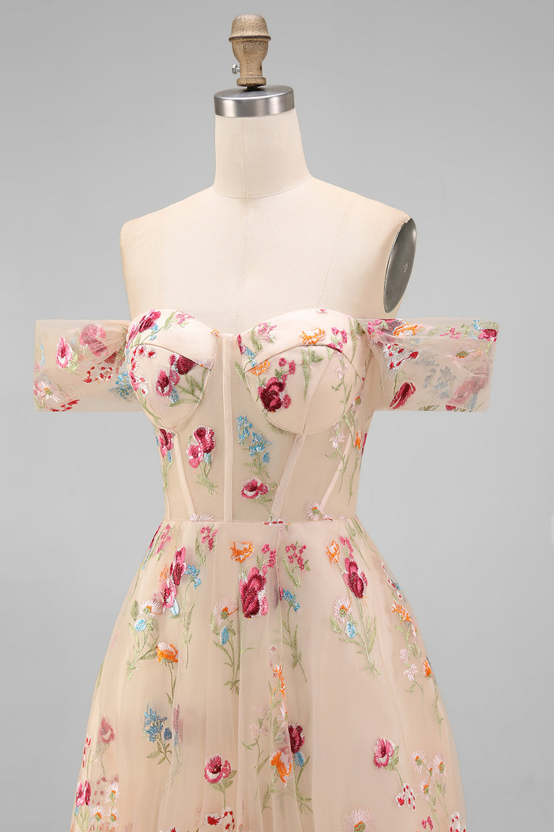 Load image into Gallery viewer, Black Floral A Line Off the Shoulder Maxi Formal Dress