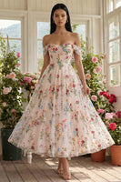 Load image into Gallery viewer, Black Floral A Line Off the Shoulder Maxi Formal Dress