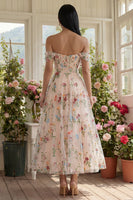 Load image into Gallery viewer, Black Floral A Line Off the Shoulder Maxi Formal Dress