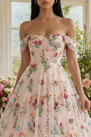 Load image into Gallery viewer, Black Floral A Line Off the Shoulder Maxi Formal Dress