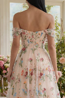 Load image into Gallery viewer, Black Floral A Line Off the Shoulder Maxi Formal Dress