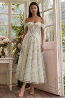 Load image into Gallery viewer, Off the Shoulder Light Green Corset Floral Long A Line Formal Dress