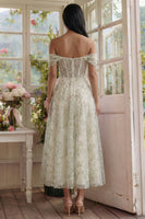 Load image into Gallery viewer, Off the Shoulder Light Green Corset Floral Long A Line Formal Dress