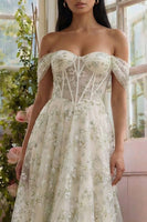 Load image into Gallery viewer, Off the Shoulder Light Green Corset Floral Long A Line Formal Dress