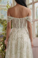 Load image into Gallery viewer, Off the Shoulder Light Green Corset Floral Long A Line Formal Dress