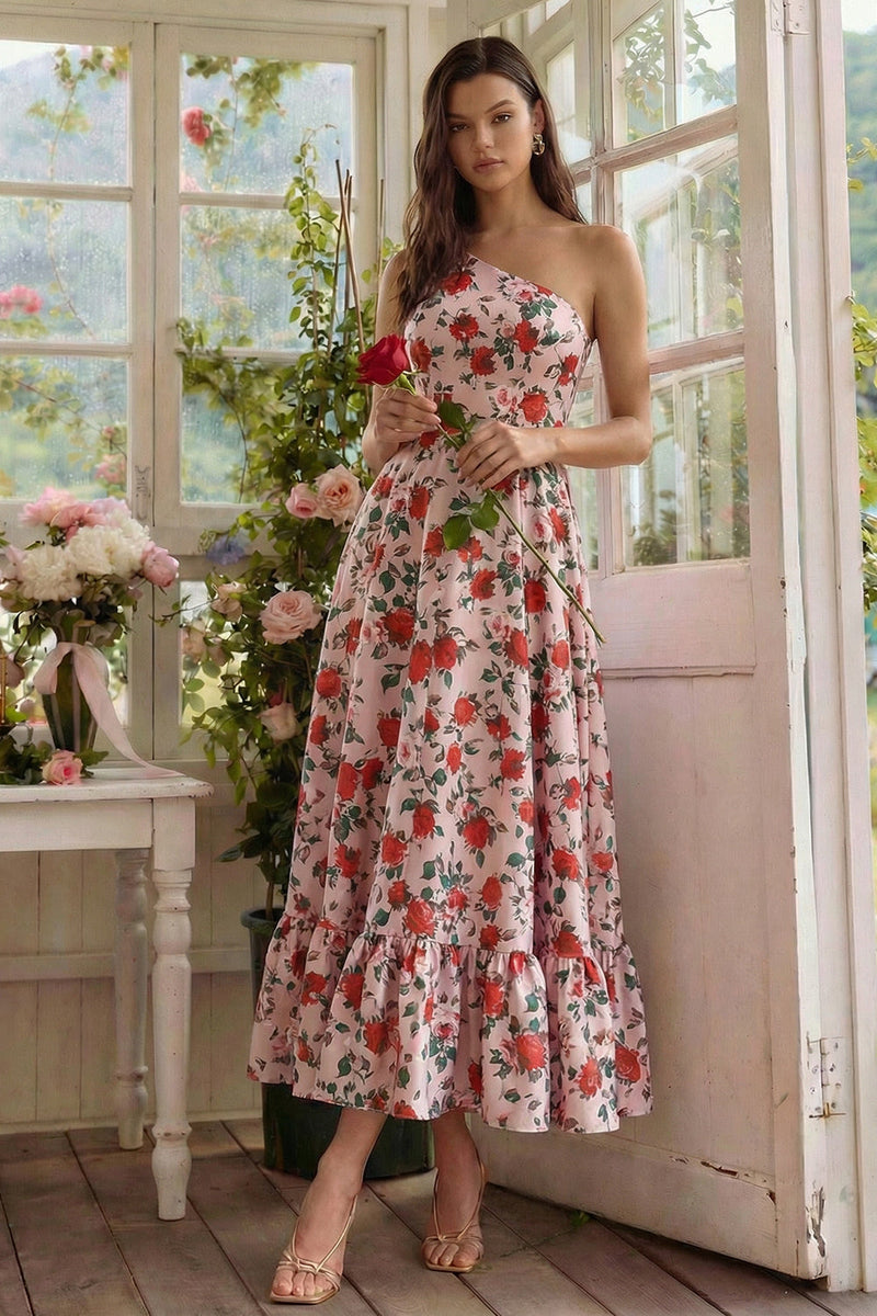 Load image into Gallery viewer, Pink Red Flower A Line One Shoulder Long Formal Dress