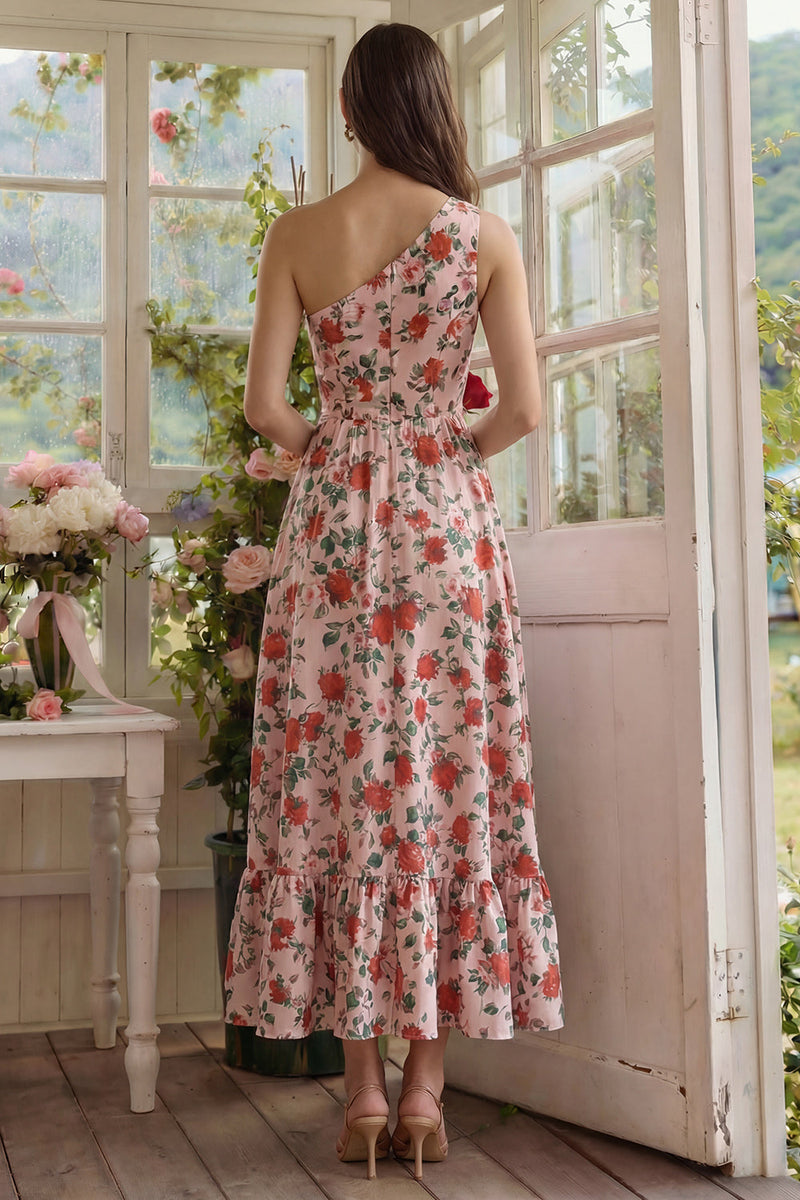 Load image into Gallery viewer, Pink Red Flower A Line One Shoulder Long Formal Dress