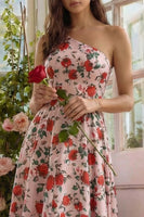 Load image into Gallery viewer, Pink Red Flower A Line One Shoulder Long Formal Dress
