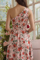Load image into Gallery viewer, Pink Red Flower A Line One Shoulder Long Formal Dress