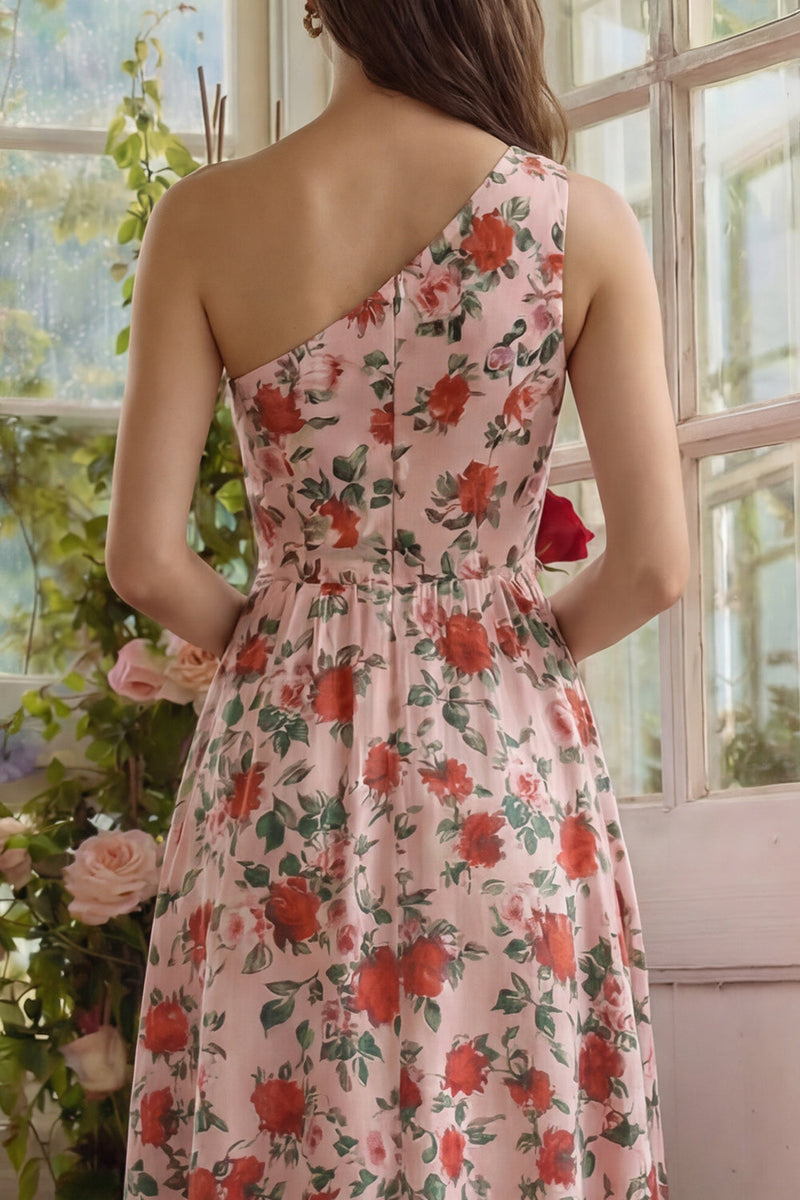 Load image into Gallery viewer, Pink Red Flower A Line One Shoulder Long Formal Dress