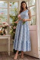Load image into Gallery viewer, Blue Floral One Shoulder A Line Long Formal Dress