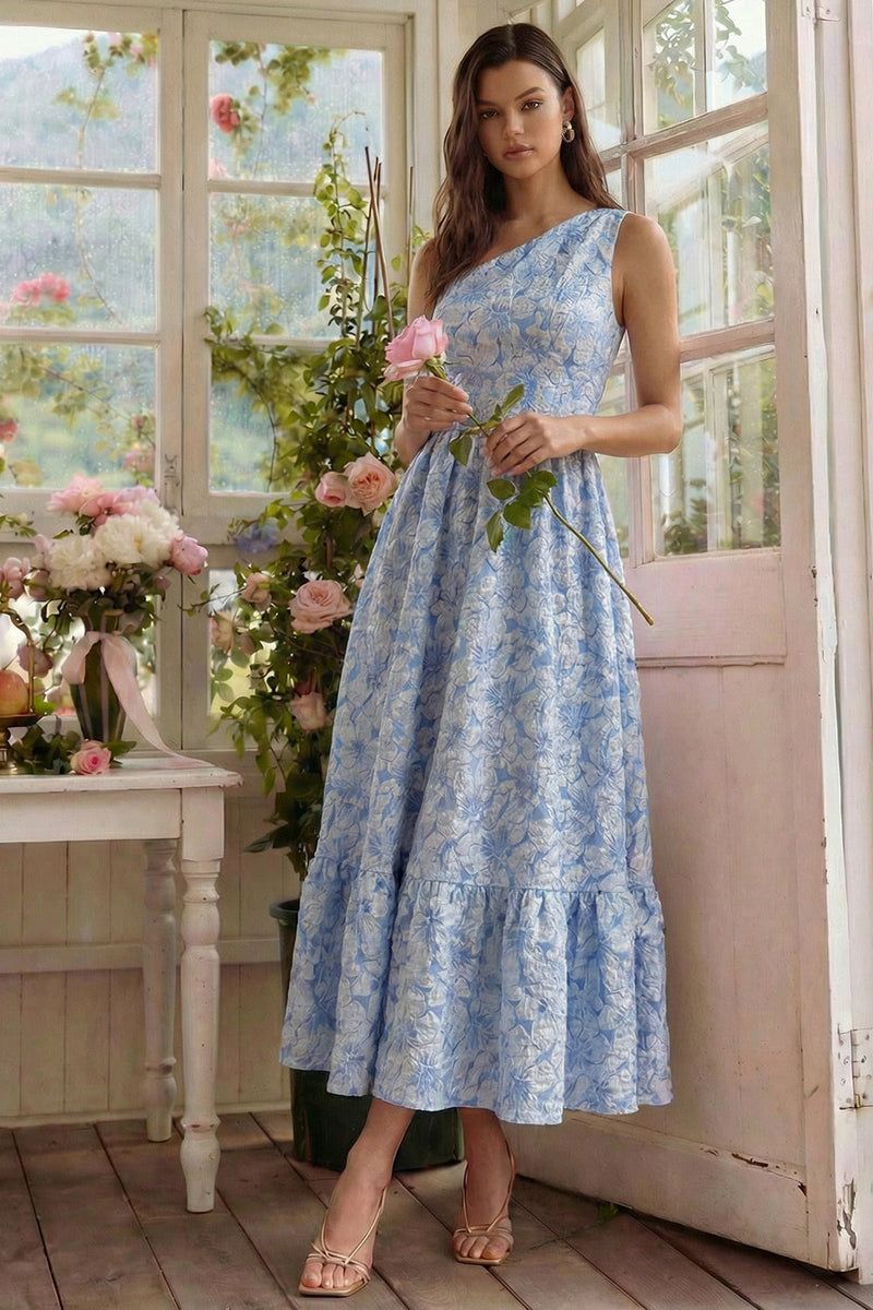 Load image into Gallery viewer, Blue Floral One Shoulder A Line Long Formal Dress