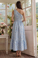 Load image into Gallery viewer, Blue Floral One Shoulder A Line Long Formal Dress