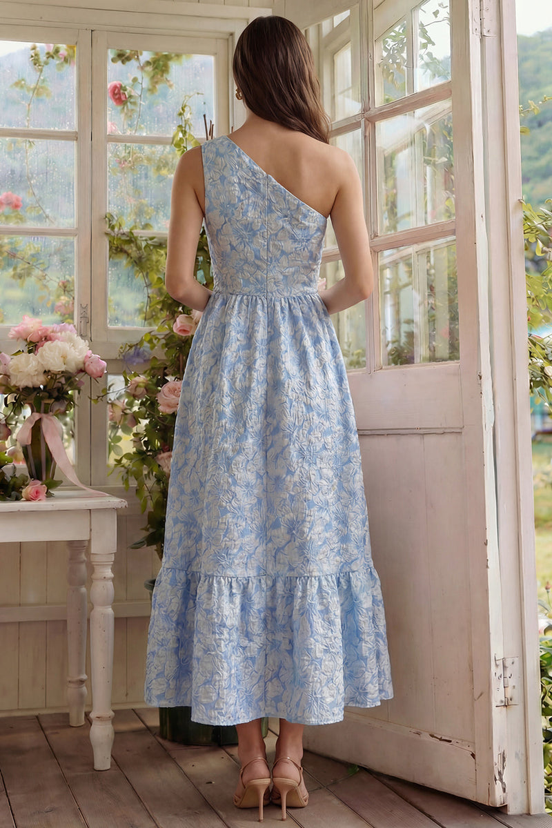 Load image into Gallery viewer, Blue Floral One Shoulder A Line Long Formal Dress