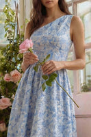 Load image into Gallery viewer, Blue Floral One Shoulder A Line Long Formal Dress