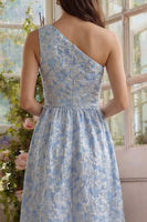 Load image into Gallery viewer, Blue Floral One Shoulder A Line Long Formal Dress