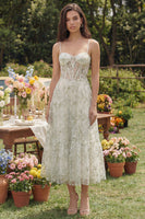 Load image into Gallery viewer, Light Green Corset Floral A Line Spaghetti Straps Maxi Formal Dress