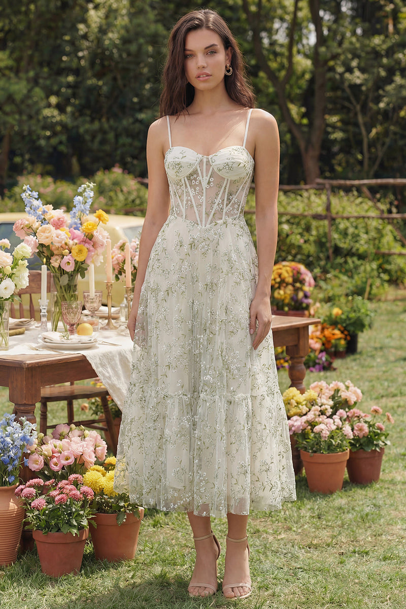 Load image into Gallery viewer, Light Green Corset Floral A Line Spaghetti Straps Maxi Formal Dress