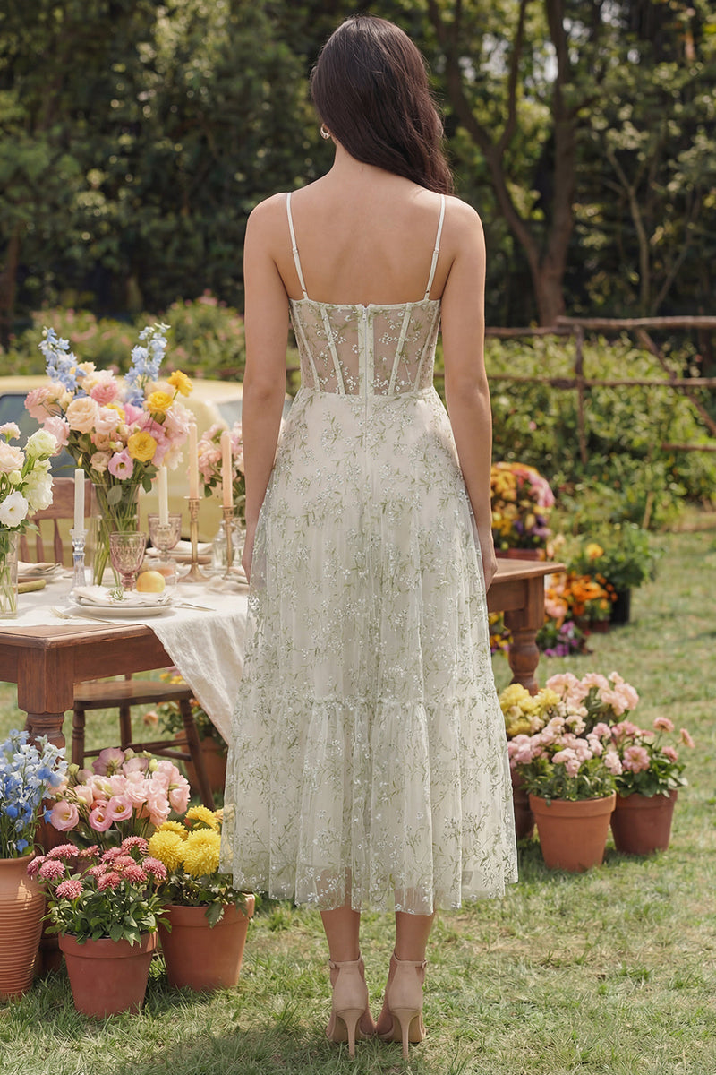Load image into Gallery viewer, Light Green Corset Floral A Line Spaghetti Straps Maxi Formal Dress
