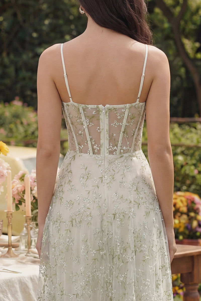 Load image into Gallery viewer, Light Green Corset Floral A Line Spaghetti Straps Maxi Formal Dress