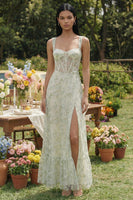 Load image into Gallery viewer, Light Green Floral Corset Long A Line Formal Dress with Slit