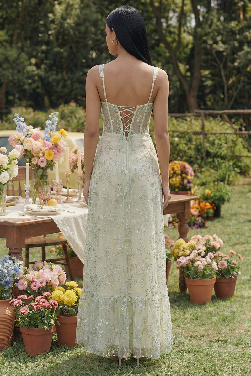 Load image into Gallery viewer, Light Green Floral Corset Long A Line Formal Dress with Slit