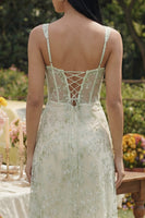 Load image into Gallery viewer, Light Green Floral Corset Long A Line Formal Dress with Slit