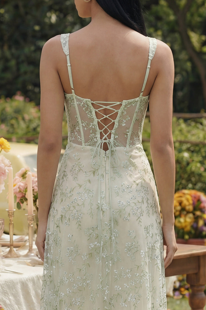 Load image into Gallery viewer, Light Green Floral Corset Long A Line Formal Dress with Slit