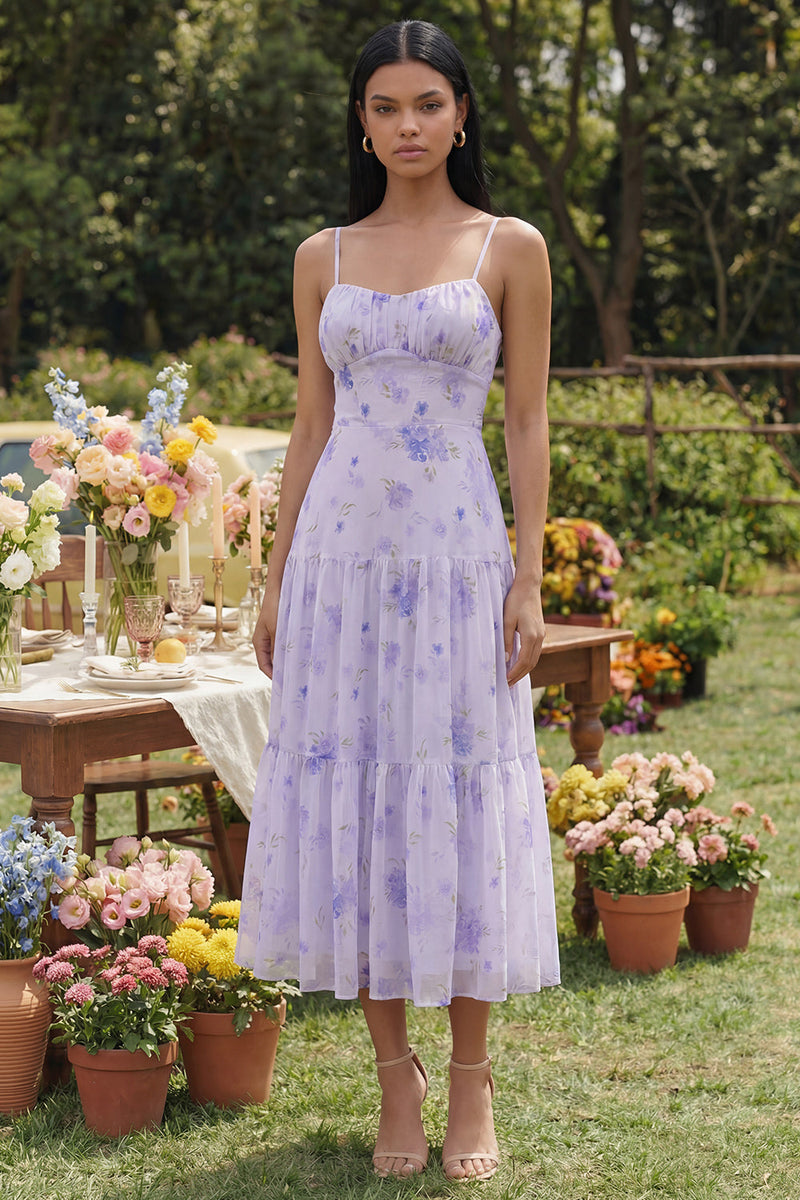 Load image into Gallery viewer, Floral Lilac A Line Spaghetti Straps Maxi Formal Dress