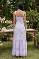Load image into Gallery viewer, Floral Lilac Long A Line Square Neck Formal Dress with Slit