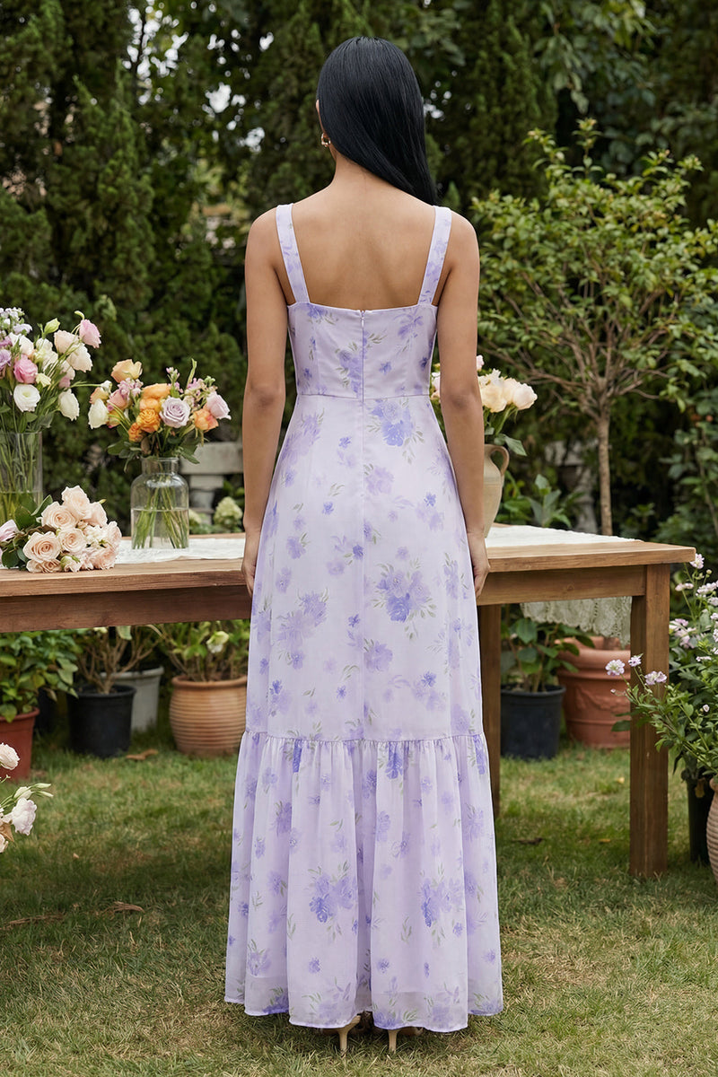 Load image into Gallery viewer, Floral Lilac Long A Line Square Neck Formal Dress with Slit