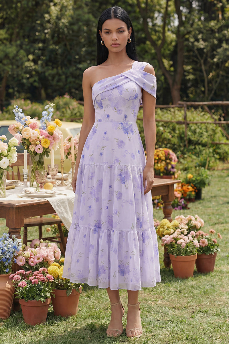 Load image into Gallery viewer, Lilac Floral One Shoulder A Line Maxi Formal Dress
