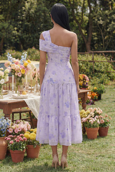 Lilac Floral One Shoulder A Line Maxi Formal Dress