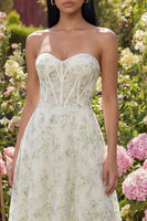 Load image into Gallery viewer, Light Green Corset Floral Sweetheart Maxi A Line Formal Dress