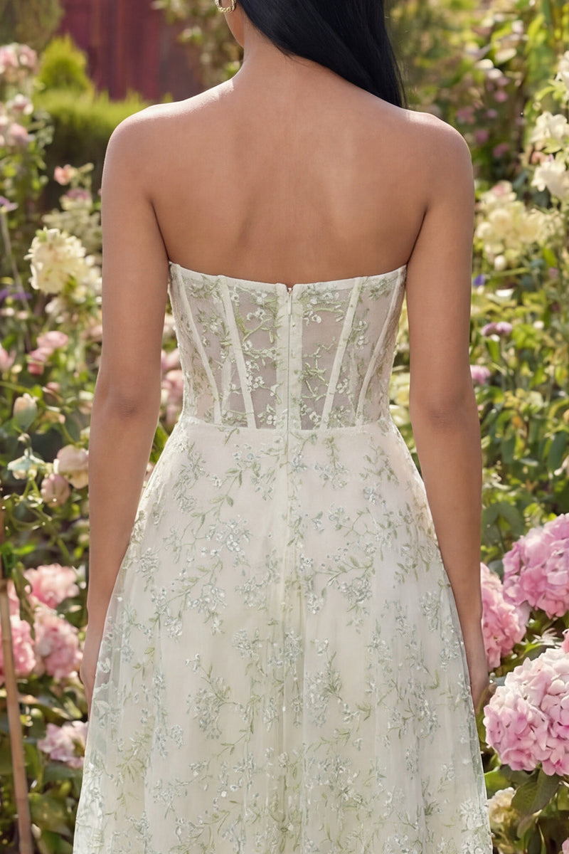 Load image into Gallery viewer, Light Green Corset Floral Sweetheart Maxi A Line Formal Dress