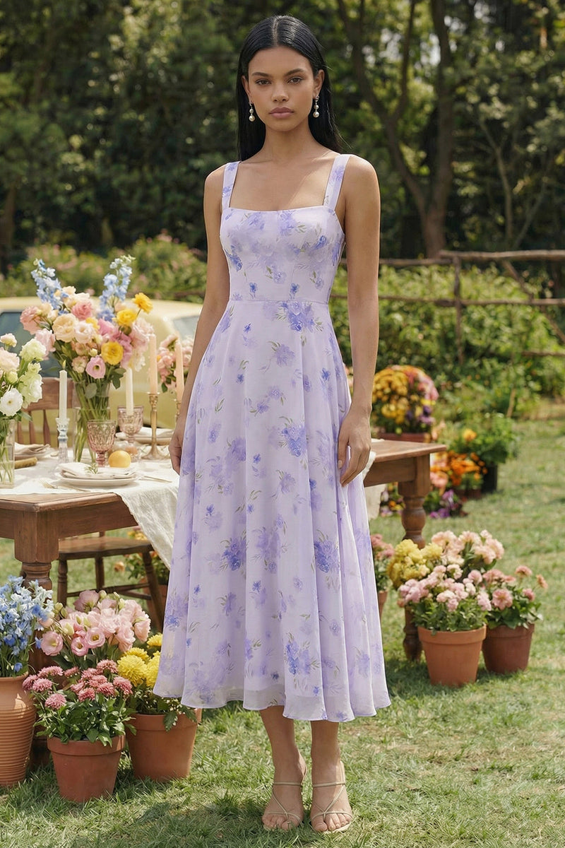 Load image into Gallery viewer, Lilac Floral A Line Square Neck Maxi Formal Dress