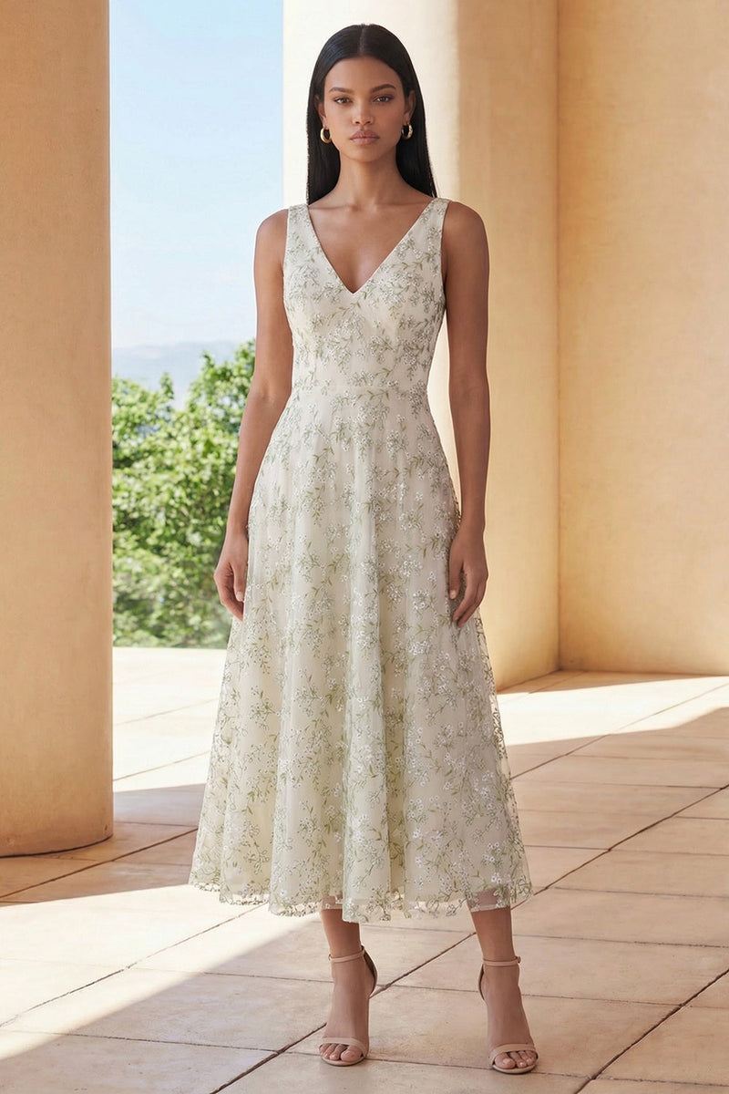 Load image into Gallery viewer, Light Green V-Neck Floral A Line Maxi Formal Dress
