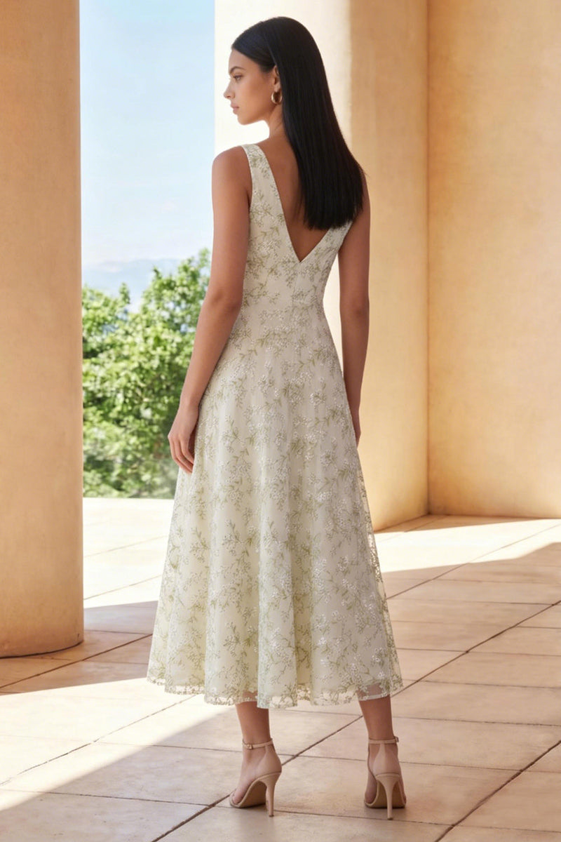 Load image into Gallery viewer, Light Green V-Neck Floral A Line Maxi Formal Dress