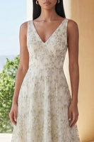 Load image into Gallery viewer, Light Green V-Neck Floral A Line Maxi Formal Dress