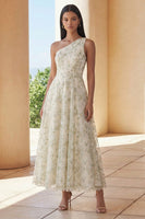 Load image into Gallery viewer, One Shoulder A Line Floral Light Green Maxi Formal Dress