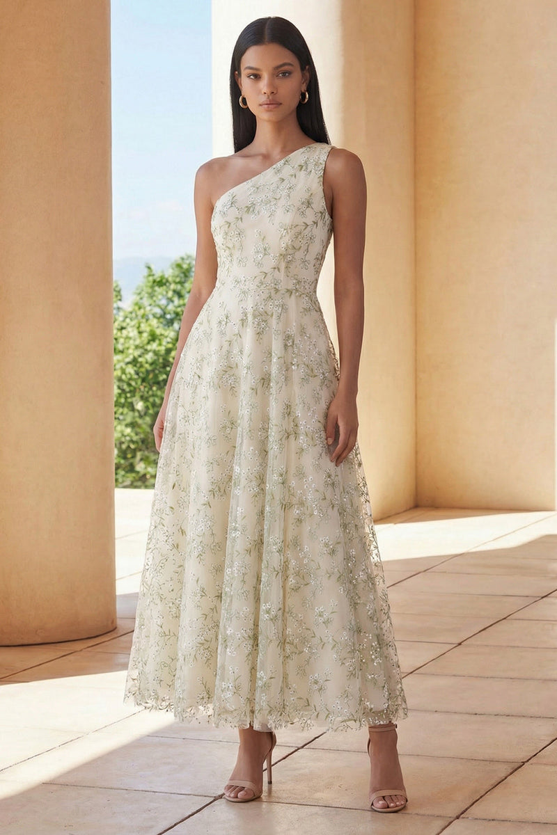 Load image into Gallery viewer, One Shoulder A Line Floral Light Green Maxi Formal Dress