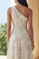 Load image into Gallery viewer, One Shoulder A Line Floral Light Green Maxi Formal Dress