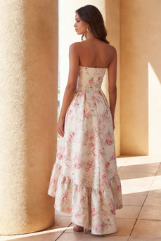 White Pink Floral A Line Strapless High-Low Formal Dress
