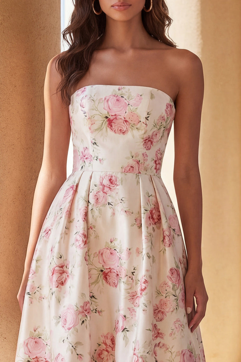 Load image into Gallery viewer, White Pink Floral A Line Strapless High-Low Formal Dress