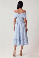 Load image into Gallery viewer, Off The Shoulder Floral A Line Blue Maxi Formal Dress