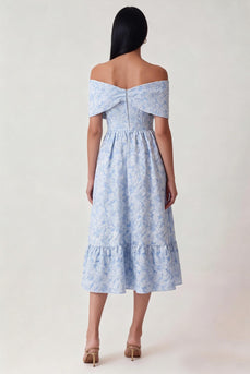 Off The Shoulder Floral A Line Blue Maxi Formal Dress