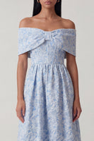 Load image into Gallery viewer, Off The Shoulder Floral A Line Blue Maxi Formal Dress