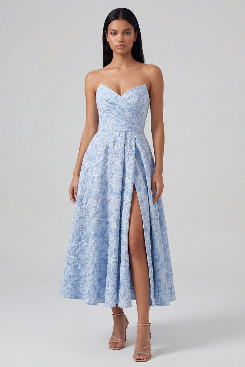 Load image into Gallery viewer, Strapless Floral A Line Blue Maxi Formal Dress with Slit