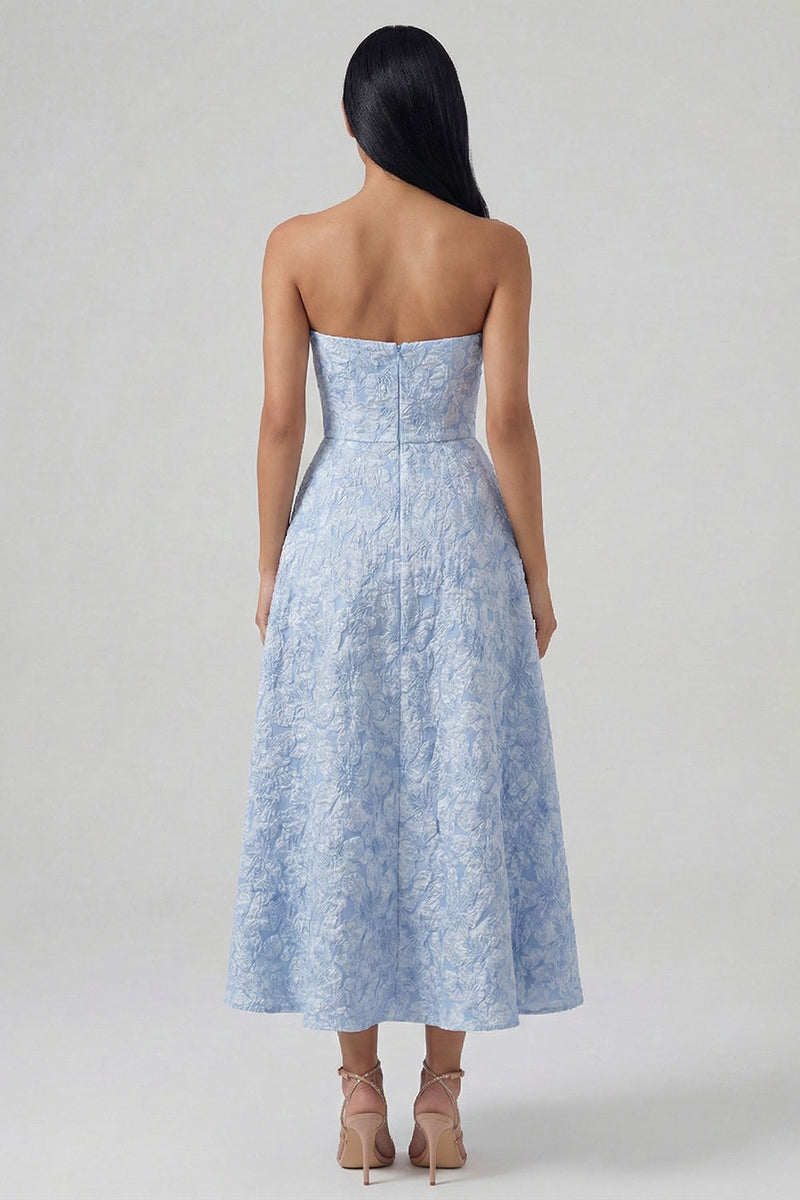 Load image into Gallery viewer, Strapless Floral A Line Blue Maxi Formal Dress with Slit
